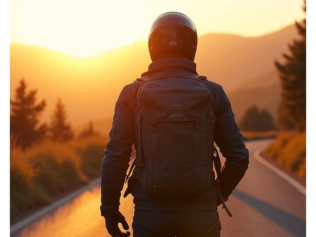 Atlas Roll-Top Backpack with a rider walking away from their motorcycle.