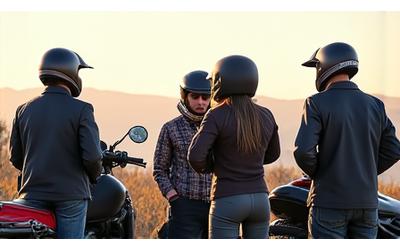 Group of diverse motorcycle riders paused on a scenic overlook, wearing various gear.