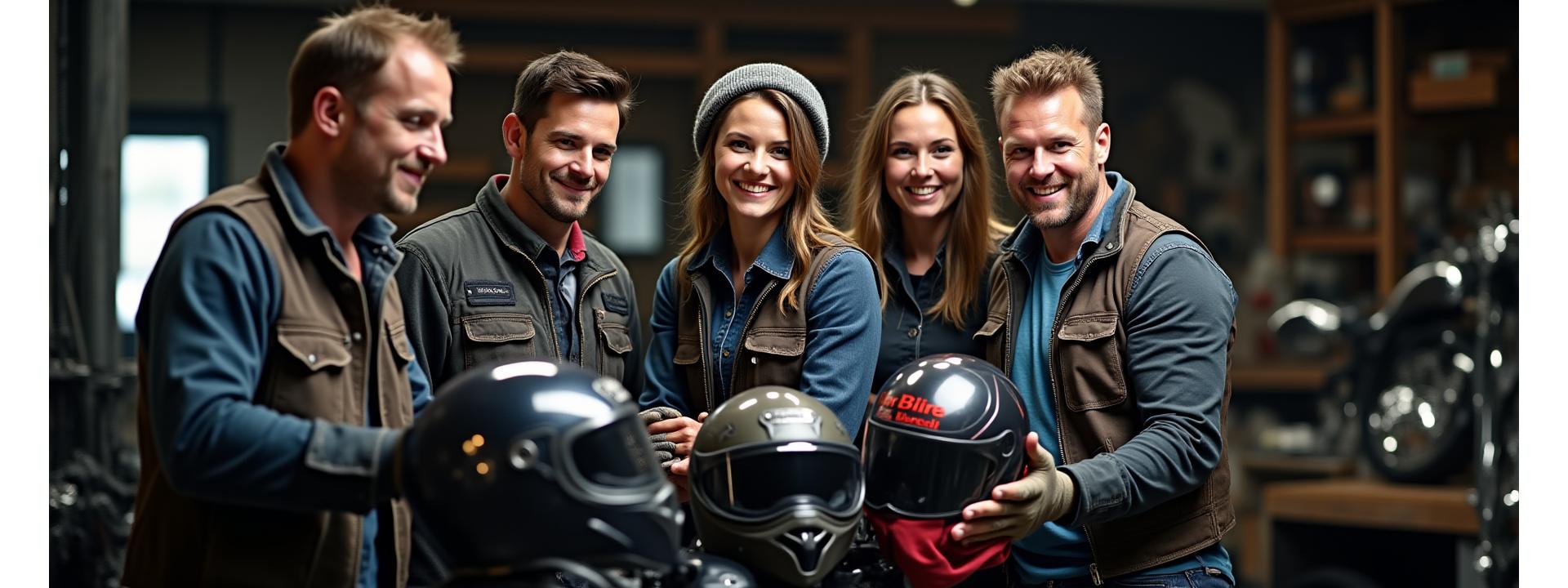 RoadWarrior Gear team members reviewing motorcycle helmets and gear in a well-lit workshop