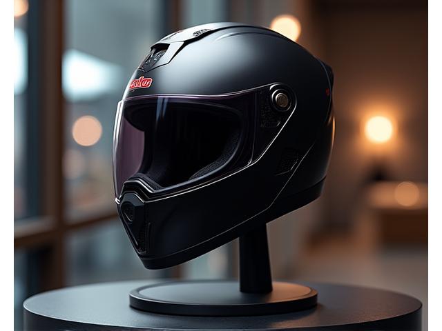Modular motorcycle helmet on a stand with a bokeh background, ready for review.
